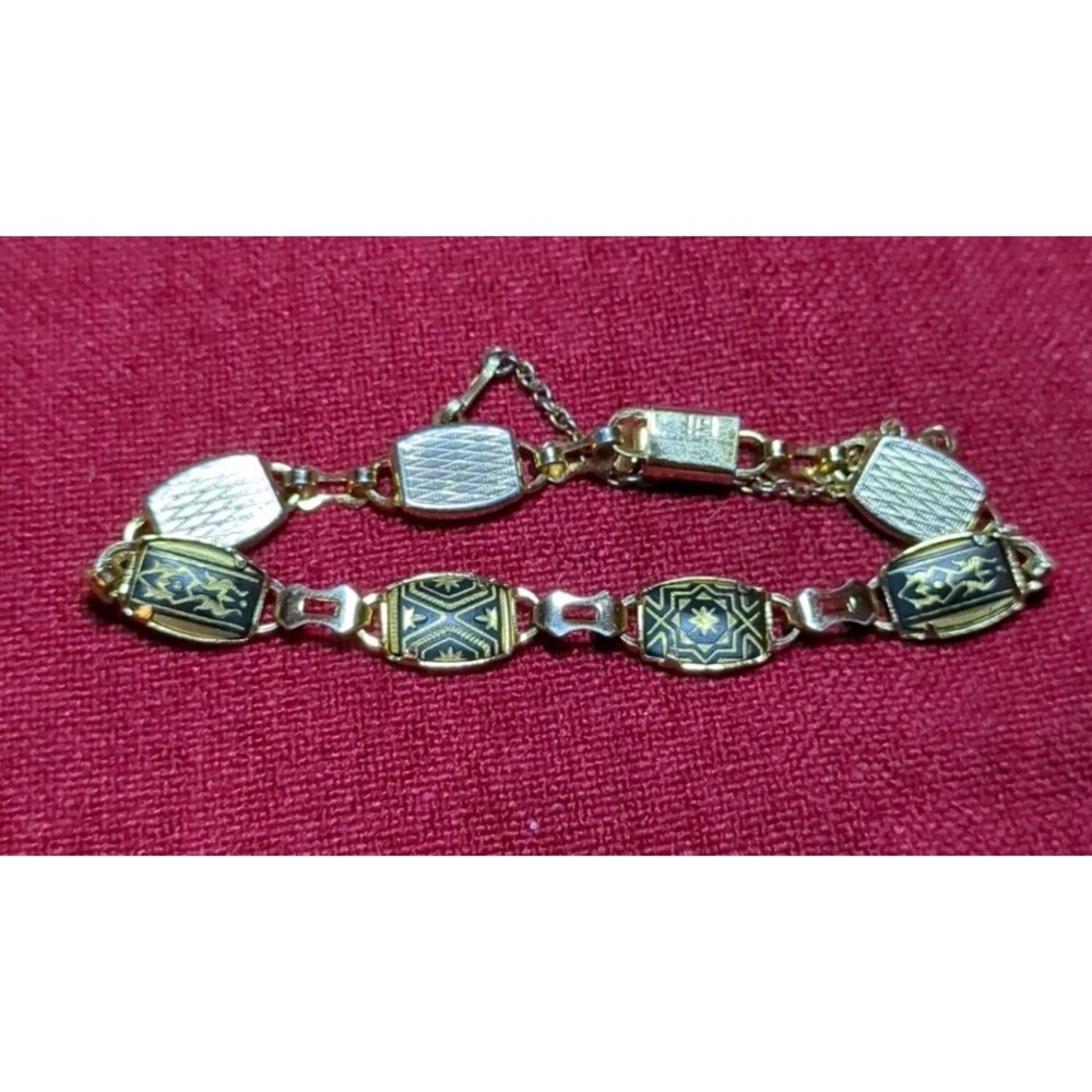 Vintage Midas "ia" Damascene Link Bracelet Black Gold Geometric Toledo Spain 7"